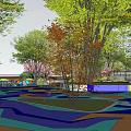 Colorful Outdoor Kids Play Area With Floor Patterns Trees Play Equipment And Water Pool