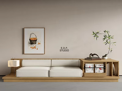Modern Interior Design With White Two Seater Sofa Decorative Painting And Green Plant 3d model