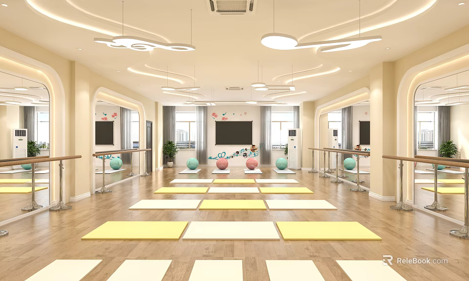 Bright Spacious Fitness Studio Featuring Yoga Mats Barre TV Exercise Balls And Wooden Floors 3d model 