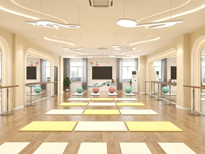 Bright Spacious Fitness Studio Featuring Yoga Mats Barre TV Exercise Balls And Wooden Floors 3d model