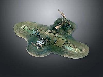 Submerged Underwater Aircraft Wreck Structure With Rusty Metal Frame Propeller And Wing Sections 3d model