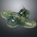 Submerged Underwater Aircraft Wreck Structure With Rusty Metal Frame Propeller And Wing Sections
