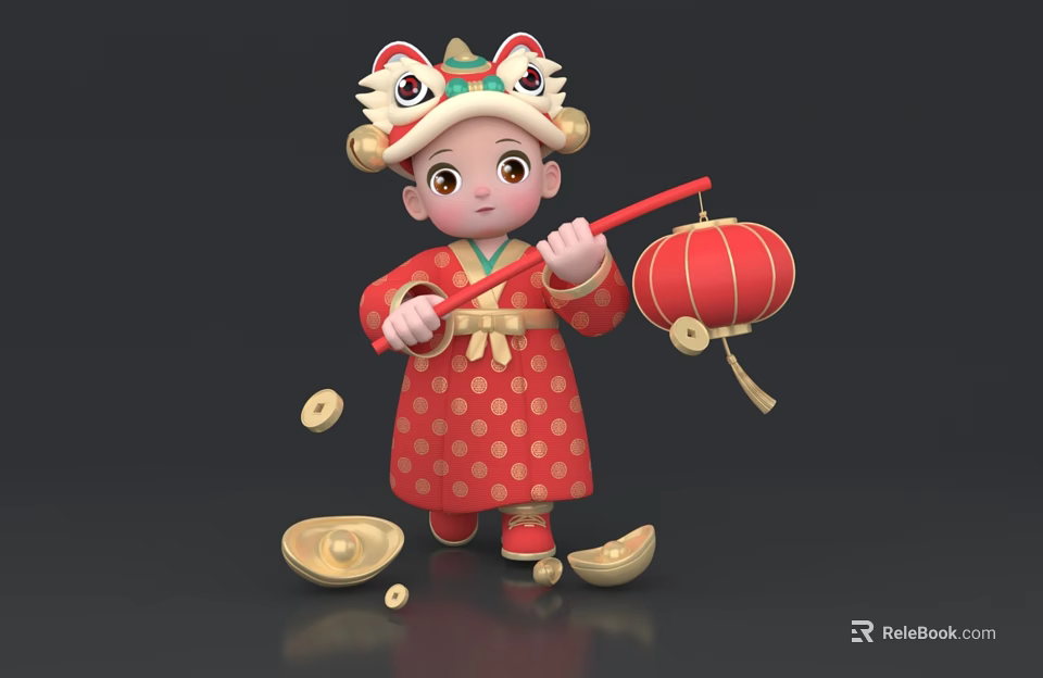 Game Character In Red Costume With Tiger Head Hat Red Lantern Gold Ingots Copper Coins 3d model 