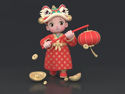 Game Character In Red Costume With Tiger Head Hat Red Lantern Gold Ingots Copper Coins 3d model