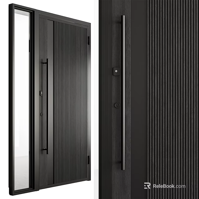 Modern Black Hinged Door With Vertical Stripes And Metal Handle Design 3d model 