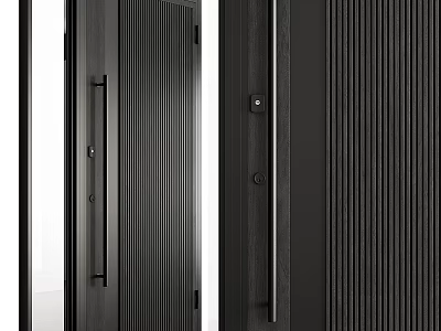 Modern Black Hinged Door With Vertical Stripes And Metal Handle Design 3d model