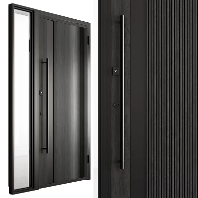 Modern Black Hinged Door With Vertical Stripes And Metal Handle Design 3d model