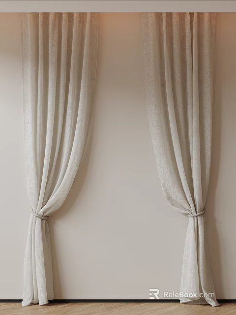 Soft Beige Linen Curtains Draped With Tiebacks In Light Colored Room 3d model 