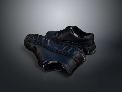 Pair Of Black Leather Casual Shoes With Textured Sole For Daily Wear 3d model