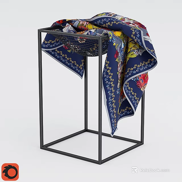 Stylish Black Metal Display Shelf With Colorful Patterned Fabric For Home Decoration 3d model 