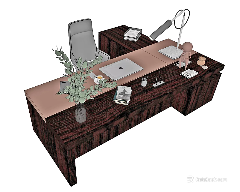Wooden Office Desk With Laptop Desk Lamp Green Plant Books And Office Chair 3d model 