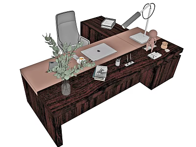 Wooden Office Desk With Laptop Desk Lamp Green Plant Books And Office Chair 3d model
