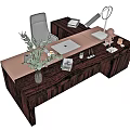 Wooden Office Desk With Laptop Desk Lamp Green Plant Books And Office Chair