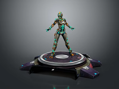 Futuristic Armored Character Standing On Circular Platform With Green Blue Purple Accents 3d model