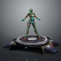 Futuristic Armored Character Standing On Circular Platform With Green Blue Purple Accents