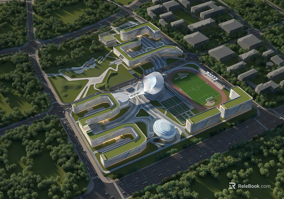 Modern School Campus Architecture With Multiple Buildings Sports Field And Green Landscapes 3d model 