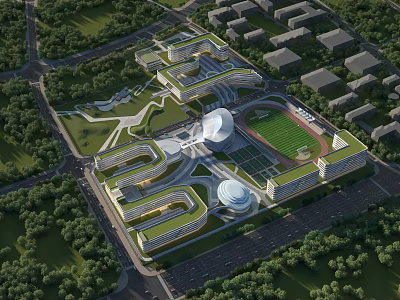 Modern School Campus Architecture With Multiple Buildings Sports Field And Green Landscapes 3d model