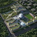 Modern School Campus Architecture With Multiple Buildings Sports Field And Green Landscapes