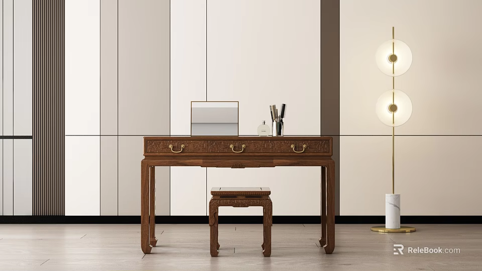 Elegant Wooden Dressing Table With Mirror Stool Drawers And Floor Lamp 3d model