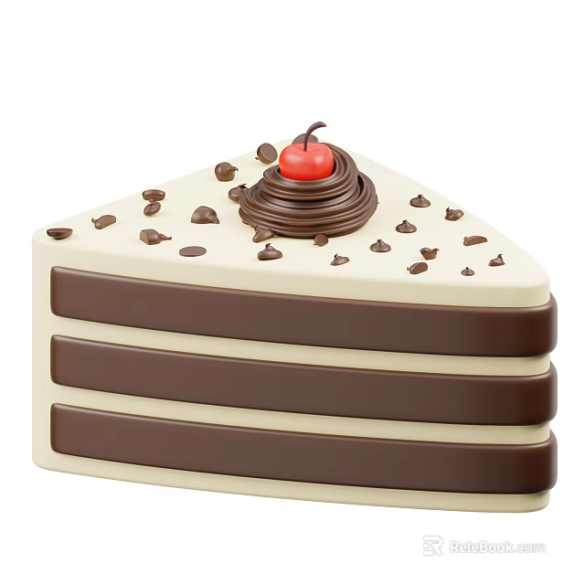 Delicious Layered Chocolate And Cream Cake Slice With Chocolate Chips Swirl And Cherry Topping 3d model 