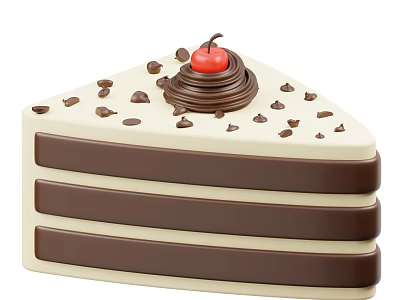 Delicious Layered Chocolate And Cream Cake Slice With Chocolate Chips Swirl And Cherry Topping 3d model