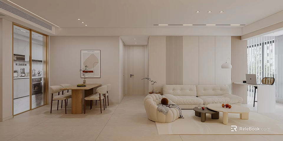 Modern Living Dining Room Interior Design With Light Beige Sofa Dining Table And Artwork 3d model