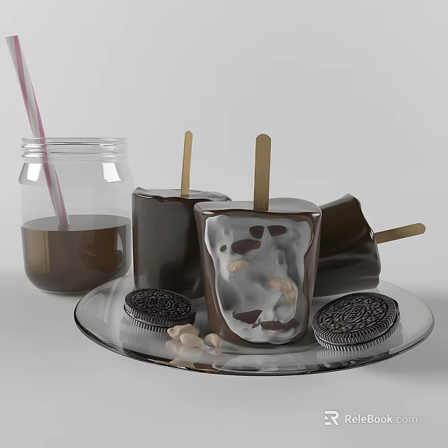 Melted Chocolate Popsicles With Cream Nuts And Oreo Cookies On Plate With Chocolate Sauce Jar 3d model 