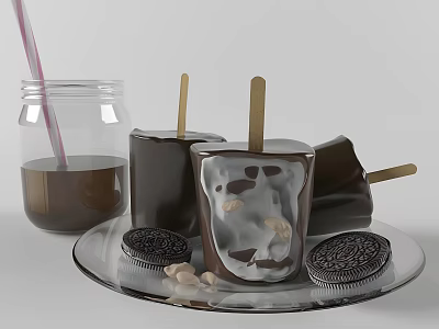 Melted Chocolate Popsicles With Cream Nuts And Oreo Cookies On Plate With Chocolate Sauce Jar 3d model