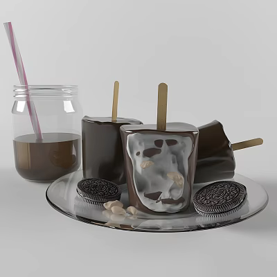 Melted Chocolate Popsicles With Cream Nuts And Oreo Cookies On Plate With Chocolate Sauce Jar 3d model