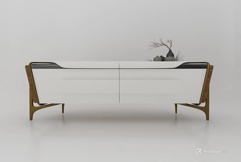 Modern White Console Cabinet With Golden Legs Wooden Accents And Decorative Items On Top 3d model 