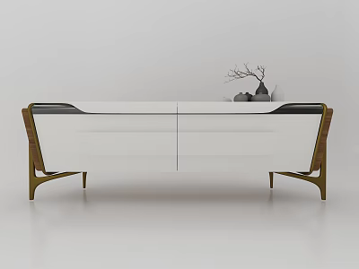 Modern White Console Cabinet With Golden Legs Wooden Accents And Decorative Items On Top 3d model