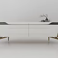 Modern White Console Cabinet With Golden Legs Wooden Accents And Decorative Items On Top