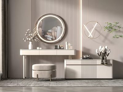 Elegant Modern Vanity Table With Round Mirror Metal Frame And Decorative Accents 3d model