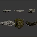 Natural Wood and Stone Pieces with Mossy Surfaces and Rough Textures