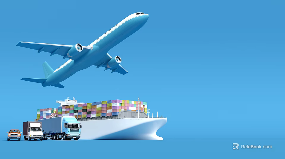 Commercial Airliner Flying Over Cargo Ship And Truck Against Blue Sky 3d model 