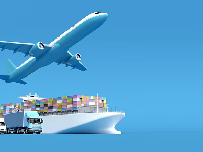 Commercial Airliner Flying Over Cargo Ship And Truck Against Blue Sky 3d model