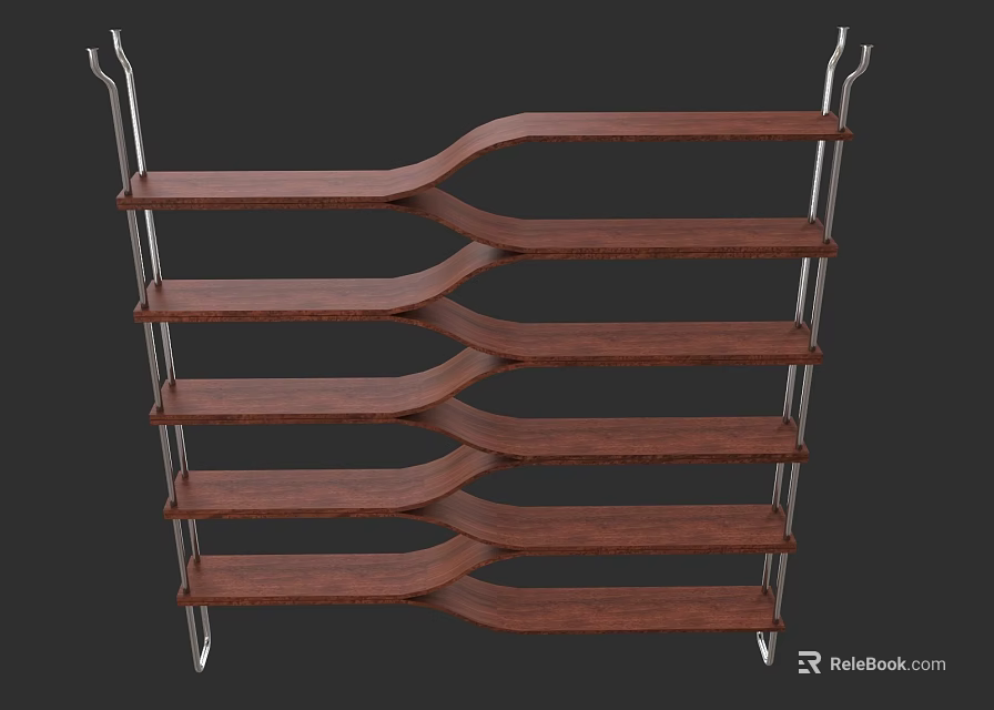 Wooden Wave Design Storage Shelf With Metal Frame And Multiple Layers 3d model