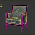 Blue Upholstered Chair With Dark Wood Frame Armrests And Plush Cushion