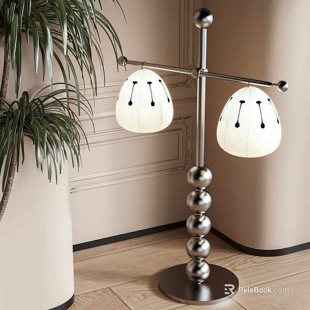 Modern Silver Floor Lamp With Spherical Base Two White Lampshades Black Lines And Green Plant 3d model 
