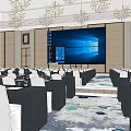 Modern Conference Room Interior With Large Projection Screen Arranged Chairs And Chandeliers