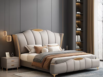Modern Elegant Bedroom Interior With Upholstered Headboard Gold Accents And Nightstand 3d model
