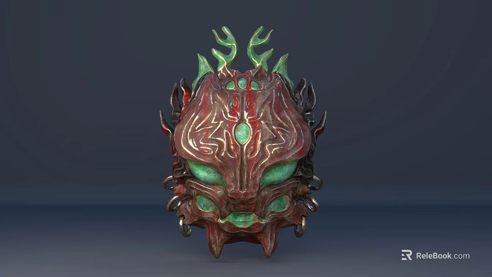 Intricate Carved Mythical Mask Sculpture With Red Surface And Green Horns 3d model 