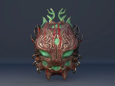 Intricate Carved Mythical Mask Sculpture With Red Surface And Green Horns 3d model