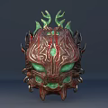 Intricate Carved Mythical Mask Sculpture With Red Surface And Green Horns