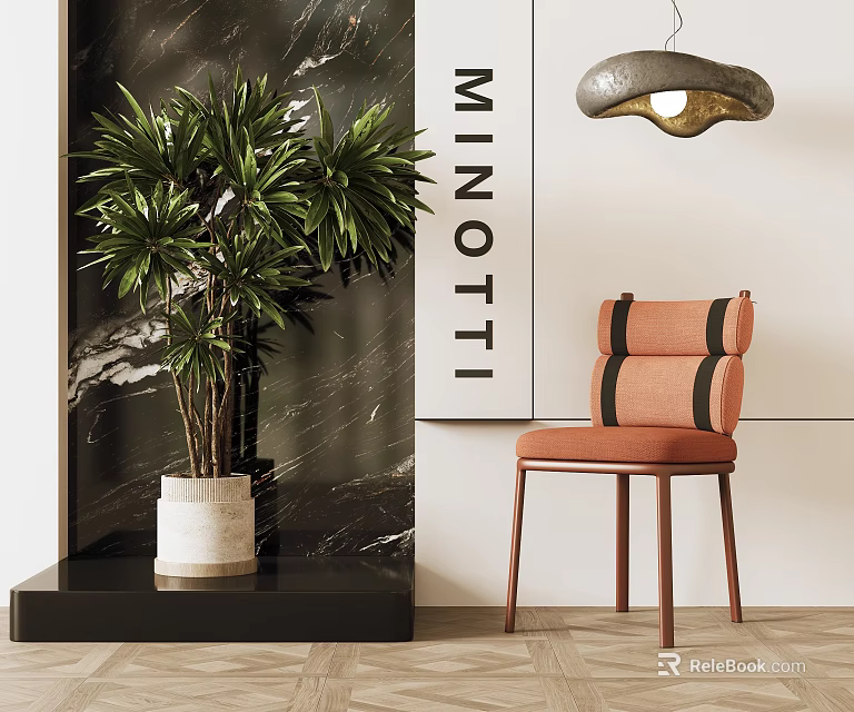 Minotti Orange Leisure Chair With Black Stripes Wooden Legs Green Plant And Marble Wall 3d model 