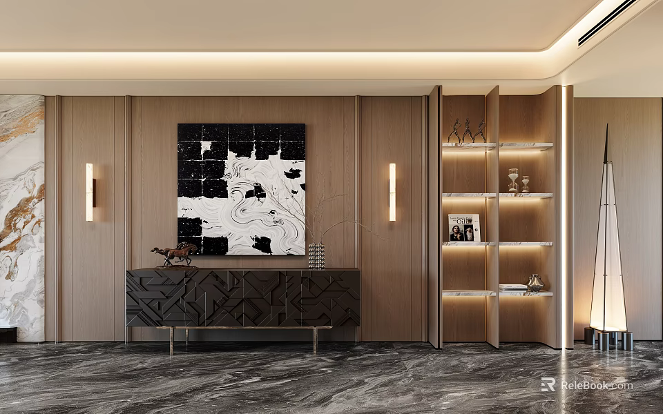 Modern Decorative Cabinet With Wooden Shelves Displaying Decor Items In Elegant Interior With Lighting 3d model 