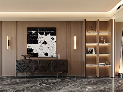 Modern Decorative Cabinet With Wooden Shelves Displaying Decor Items In Elegant Interior With Lighting 3d model