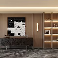 Modern Decorative Cabinet With Wooden Shelves Displaying Decor Items In Elegant Interior With Lighting