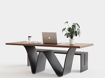 Wooden Desk With Black Metal W Shaped Legs Laptop Coffee Cup And Green Plant 3d model