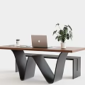 Wooden Desk With Black Metal W Shaped Legs Laptop Coffee Cup And Green Plant
